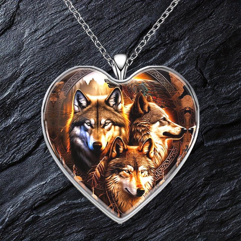 Three Wolves Heart Pendant Necklace Animal Accessories