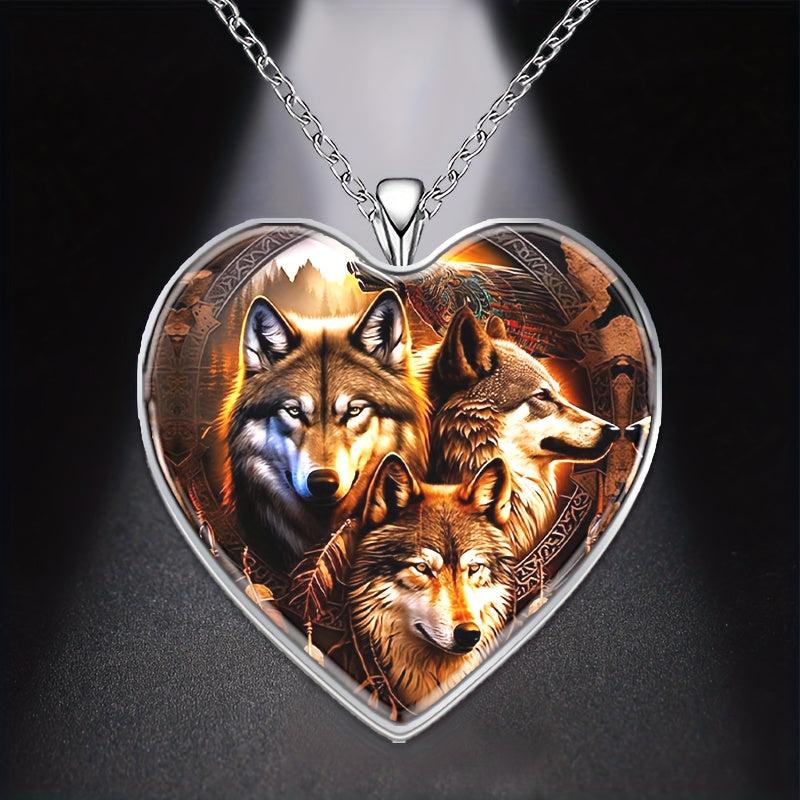 Three Wolves Heart Pendant Necklace Animal Accessories