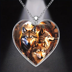 Three Wolves Heart Pendant Necklace Animal Accessories