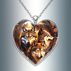 Three Wolves Heart Pendant Necklace Animal Accessories