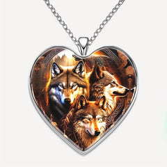 Three Wolves Heart Pendant Necklace Animal Accessories