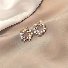 Christmas Wreath Pearl Stud Earrings Holiday Gift