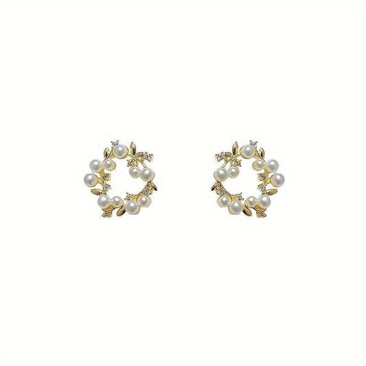 Christmas Wreath Pearl Stud Earrings Holiday Gift