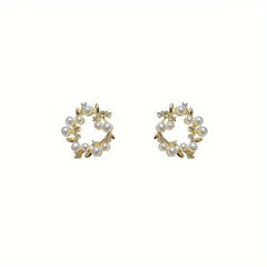 Christmas Wreath Pearl Stud Earrings Holiday Gift