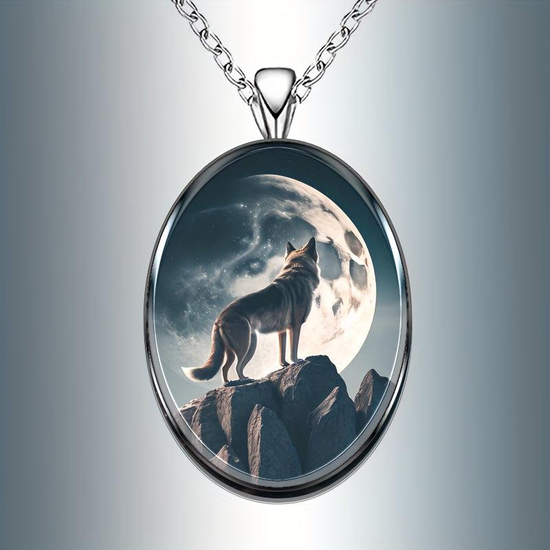 Moon And Wolf Round Pendant Necklace Hip Hop Animal Necklace