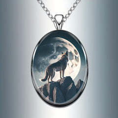 Moon And Wolf Round Pendant Necklace Hip Hop Animal Necklace