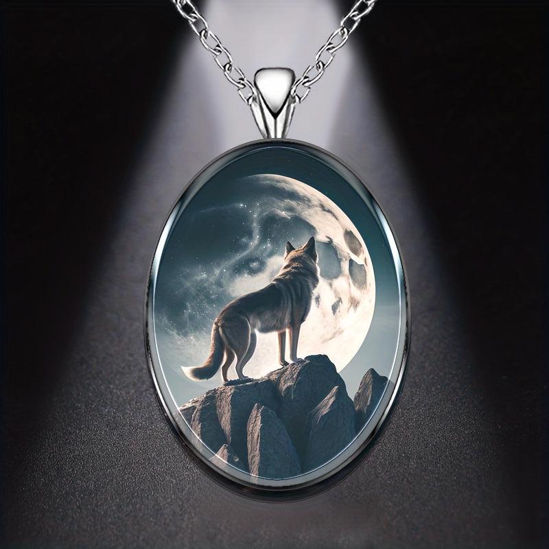 Moon And Wolf Round Pendant Necklace Hip Hop Animal Necklace
