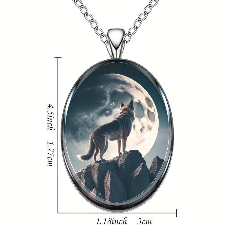 Moon And Wolf Round Pendant Necklace Hip Hop Animal Necklace