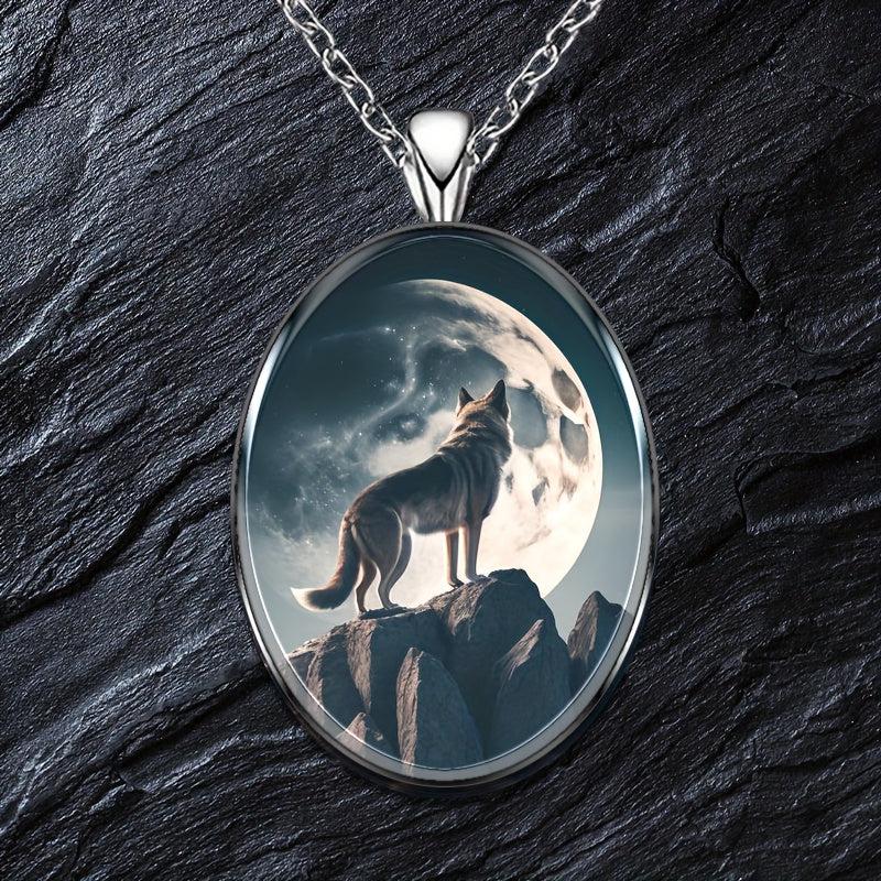 Moon And Wolf Round Pendant Necklace Hip Hop Animal Necklace
