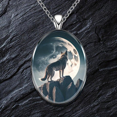 Moon And Wolf Round Pendant Necklace Hip Hop Animal Necklace