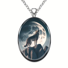 Moon And Wolf Round Pendant Necklace Hip Hop Animal Necklace