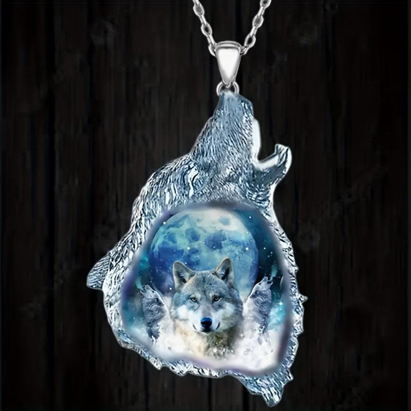Gothic Wolf And Round Moon Animal Totem Necklace Gift