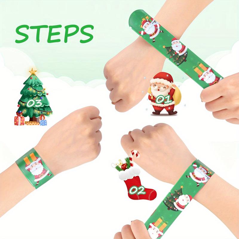24pcs Xmas Slap Bracelets Santa Elk Snowflake Print Snap Bands for Party Favors
