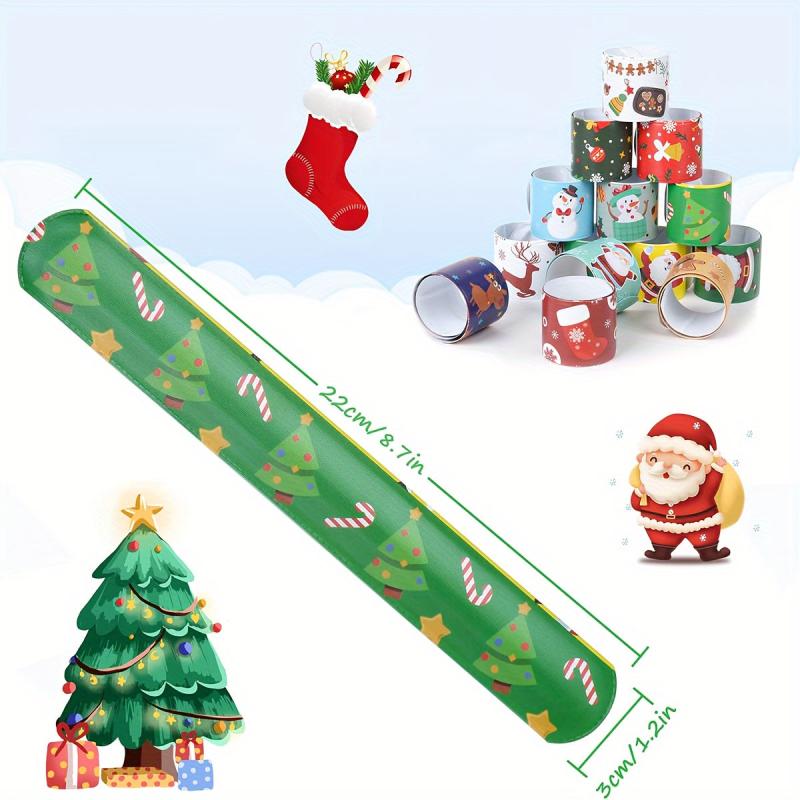24pcs Xmas Slap Bracelets Santa Elk Snowflake Print Snap Bands for Party Favors