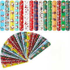 24pcs Xmas Slap Bracelets Santa Elk Snowflake Print Snap Bands for Party Favors