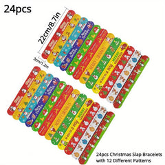 24pcs Xmas Slap Bracelets Santa Elk Snowflake Print Snap Bands for Party Favors