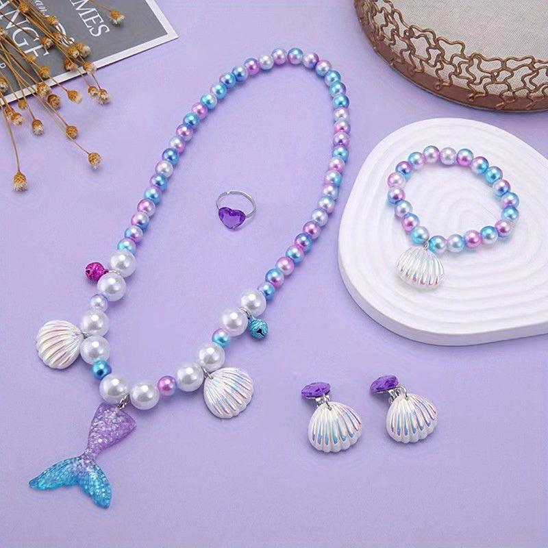 Girls Pearl Bracelet Ring Set Purple Mermaid Tail Necklace