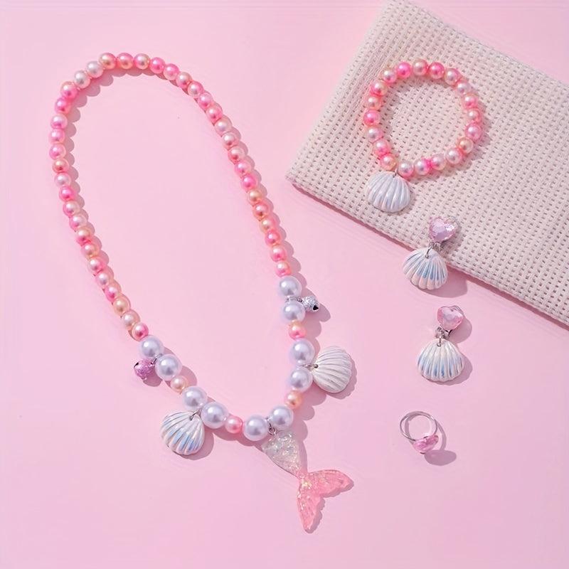 Girls Pearl Bracelet Ring Set Purple Mermaid Tail Necklace