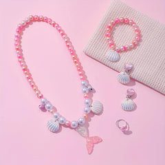 Girls Pearl Bracelet Ring Set Purple Mermaid Tail Necklace