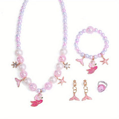 Girls Pearl Bracelet Ring Set Purple Mermaid Tail Necklace