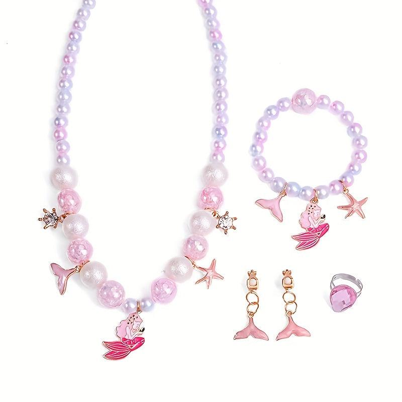 Girls Pearl Bracelet Ring Set Purple Mermaid Tail Necklace