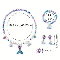 Girls Pearl Bracelet Ring Set Purple Mermaid Tail Necklace