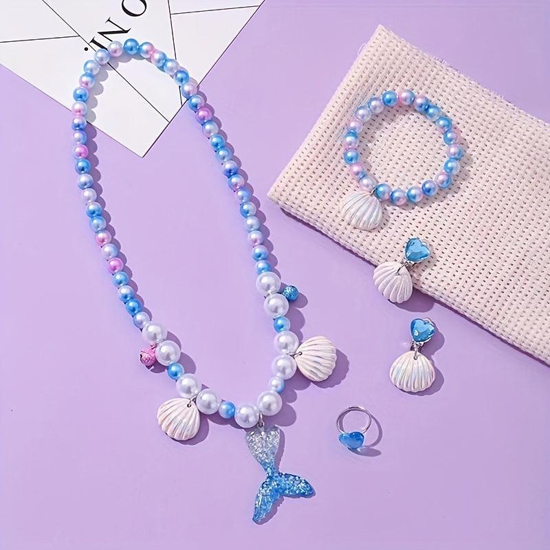Girls Pearl Bracelet Ring Set Purple Mermaid Tail Necklace