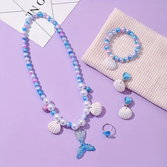 Girls Pearl Bracelet Ring Set Purple Mermaid Tail Necklace