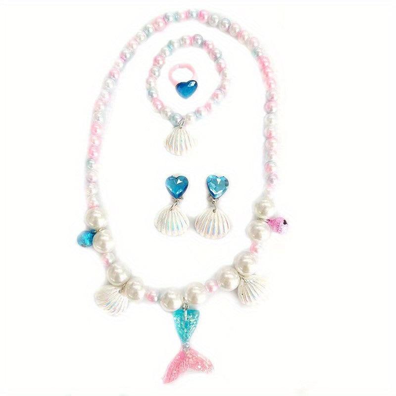 Girls Pearl Bracelet Ring Set Purple Mermaid Tail Necklace