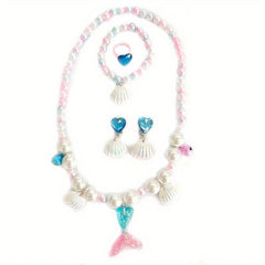 Girls Pearl Bracelet Ring Set Purple Mermaid Tail Necklace