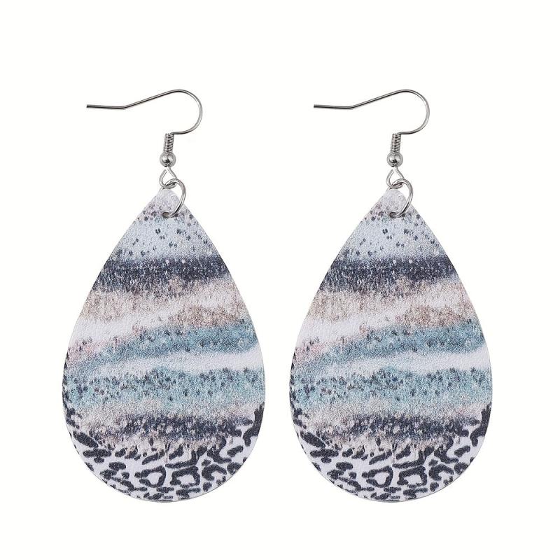 Water Drop Beach Wave Printed Dangle Earrings PU Leather Double Sided