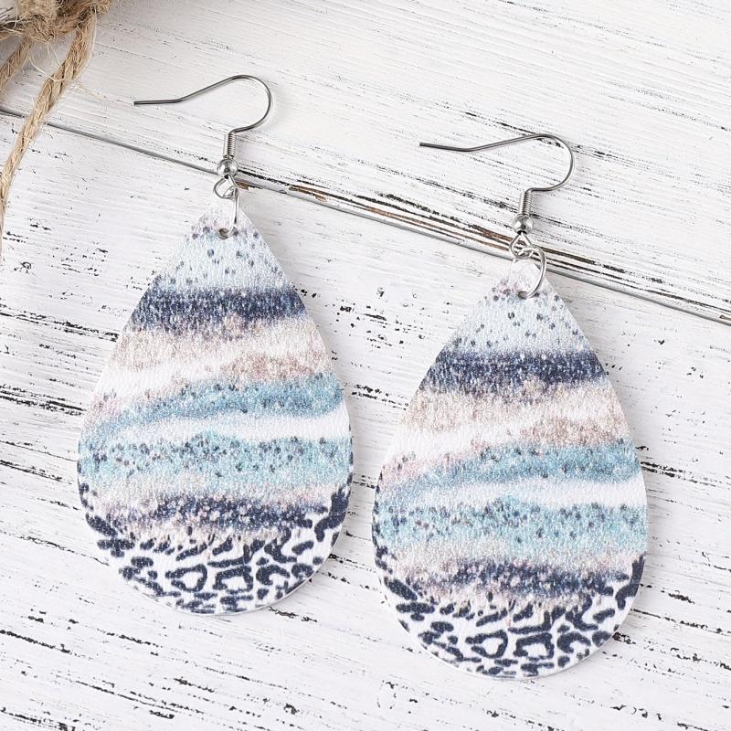 Water Drop Beach Wave Printed Dangle Earrings PU Leather Double Sided