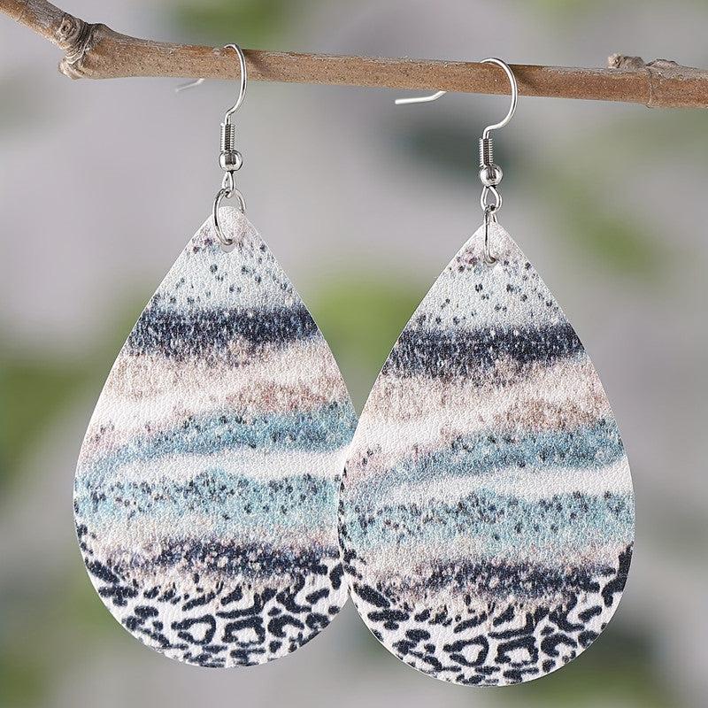 Water Drop Beach Wave Printed Dangle Earrings PU Leather Double Sided