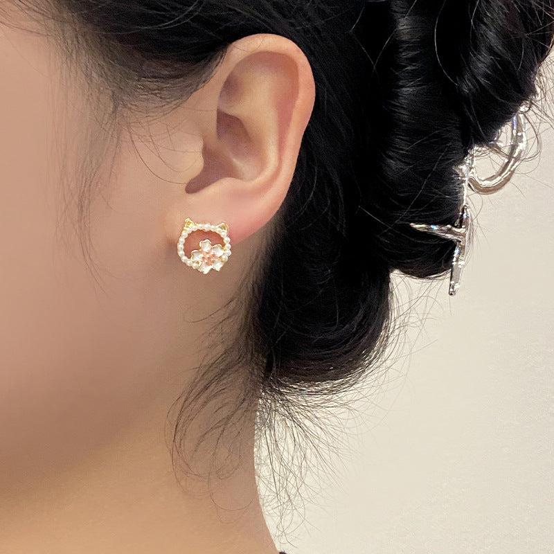 Sweet Cat Flower Earrings Faux Pearl Studs