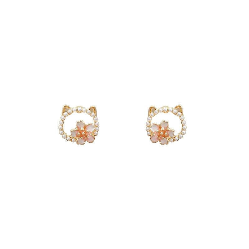 Sweet Cat Flower Earrings Faux Pearl Studs