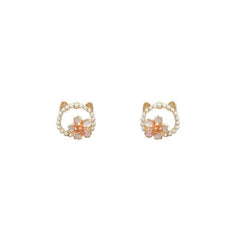 Sweet Cat Flower Earrings Faux Pearl Studs