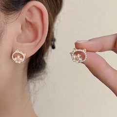 Sweet Cat Flower Earrings Faux Pearl Studs