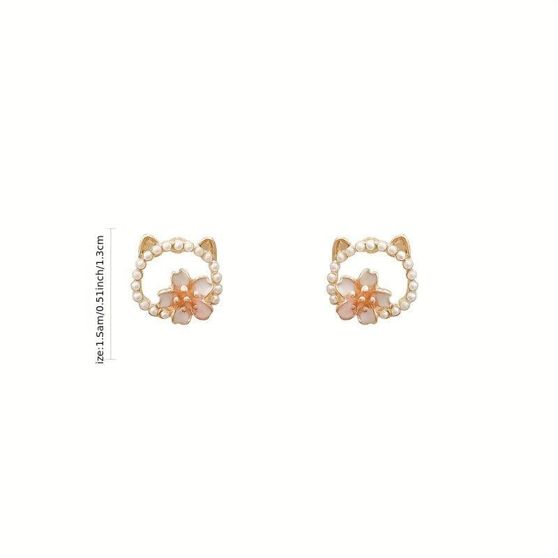 Sweet Cat Flower Earrings Faux Pearl Studs