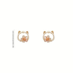 Sweet Cat Flower Earrings Faux Pearl Studs