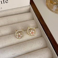 Sweet Cat Flower Earrings Faux Pearl Studs