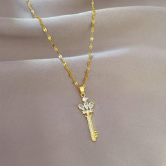Stainless Steel Crown Key Pendant Necklace for Women Girl Clavicle Chain