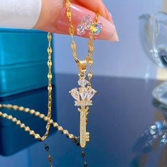 Stainless Steel Crown Key Pendant Necklace for Women Girl Clavicle Chain