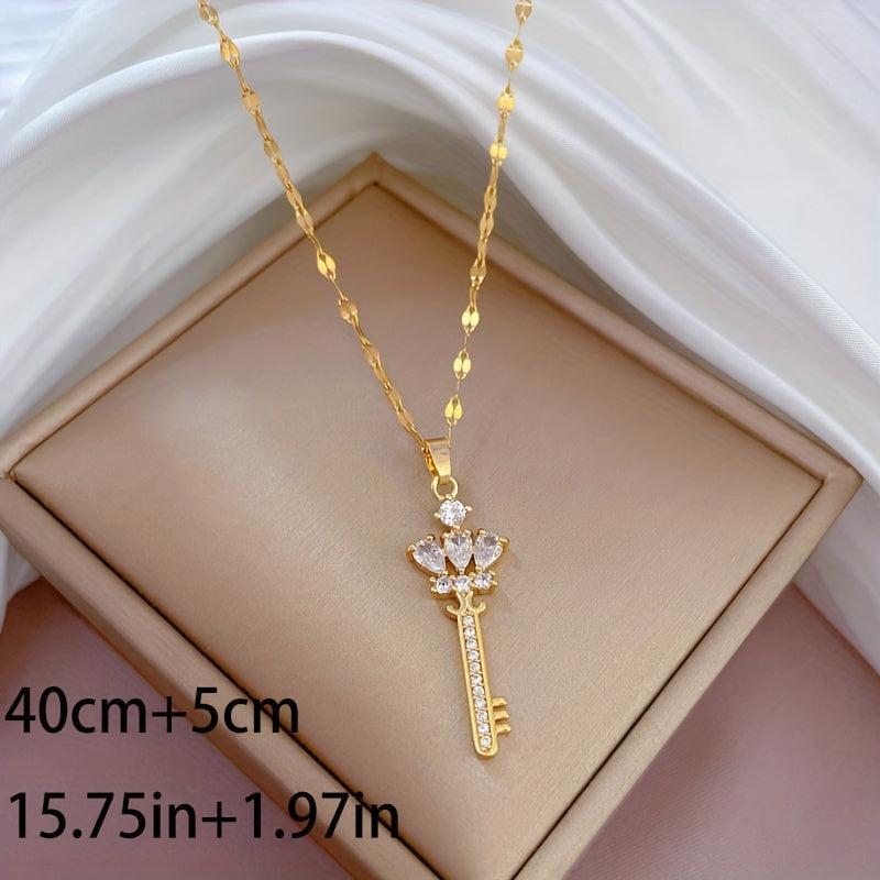 Stainless Steel Crown Key Pendant Necklace for Women Girl Clavicle Chain