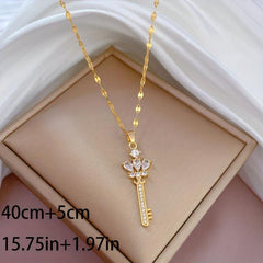 Stainless Steel Crown Key Pendant Necklace for Women Girl Clavicle Chain