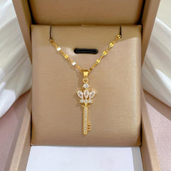 Stainless Steel Crown Key Pendant Necklace for Women Girl Clavicle Chain