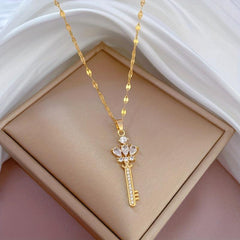 Stainless Steel Crown Key Pendant Necklace for Women Girl Clavicle Chain