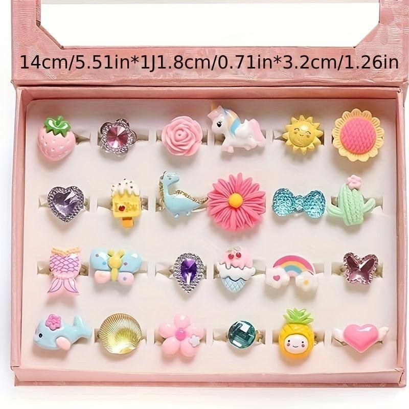 24 Gemstone Rings Boxed for Girls Adjustable Silicone No Repeat Dress Up Games