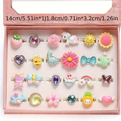 24 Gemstone Rings Boxed for Girls Adjustable Silicone No Repeat Dress Up Games