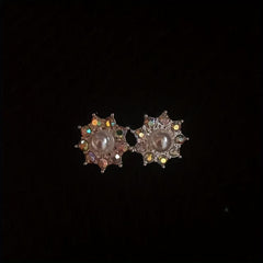 Diamond Pearl Sunflower Stud Earrings For Women