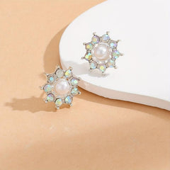 Diamond Pearl Sunflower Stud Earrings For Women